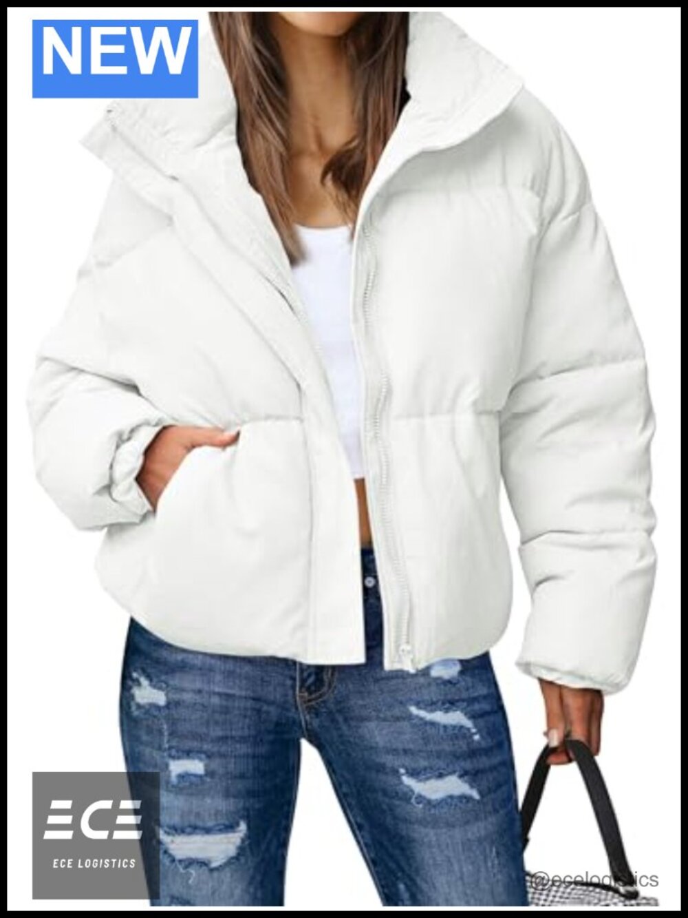 Women's Long Sleeve Zip Puffer Jacket Cropped Quilted Coat